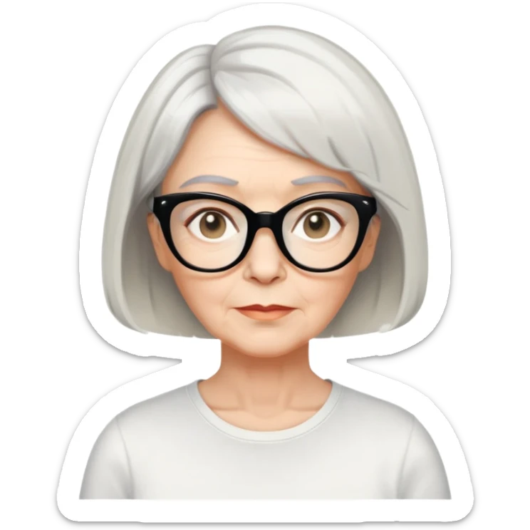 white older woman about 60 with light warm skin, short black bob haircut with slight waves at ends, neutral expression, large black shiny butterfly or cat-eye glasses, white casual t-shirt, calm and creative energy sticker