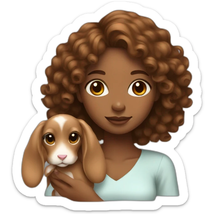 black woman long brown curly hair holding cute floppy eared light brown bunny sticker