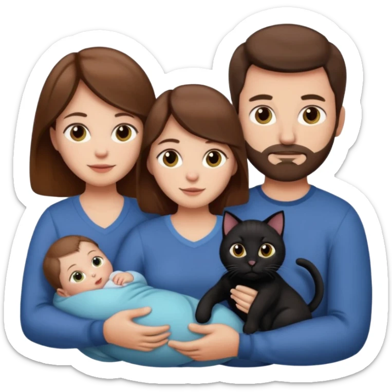 1 mom brown hair, 1 dad NO beard, 1 baby and 1 black cat sticker