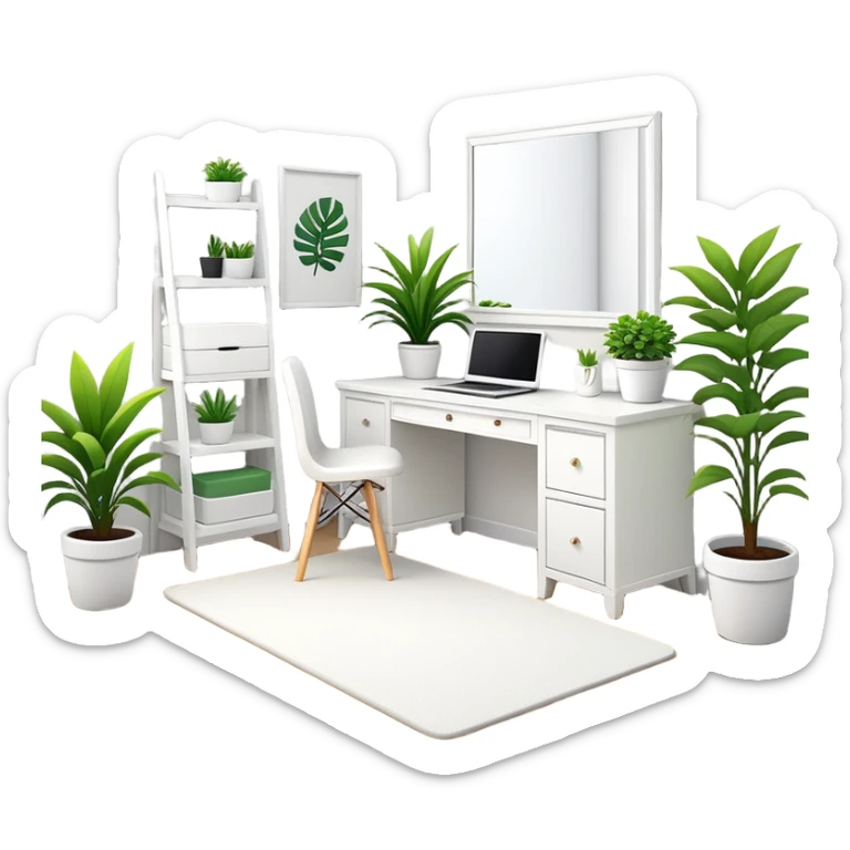 clean modern teenage bedroom with white furniture, white bed, white desk, white vanity, and potted plants sticker