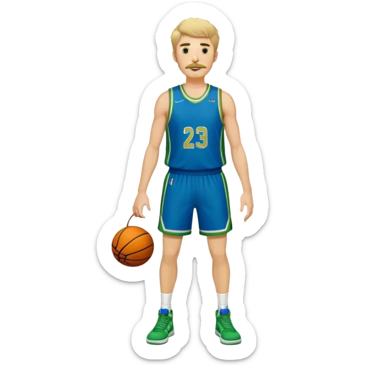 Full Body  white male basketball player with short shaggy hair and gold tee mustache wearing blue and green uniform sticker