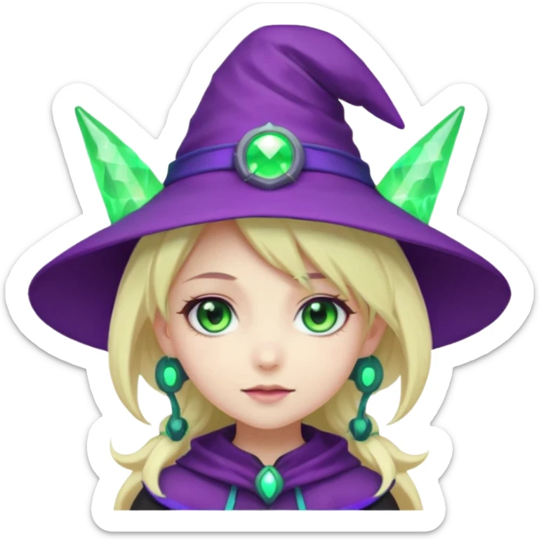 Make a blonde girl with green glowing headset on with teal eyes and a purple haired girl with green eyes waering a purple wit hes hat haveing fun , make them a chibi emoji page anime style sticker