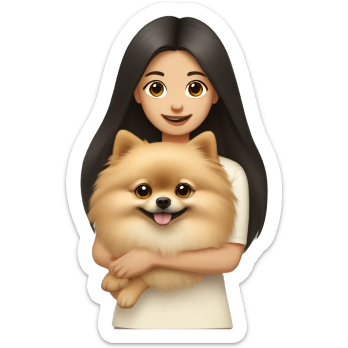 A cream-colored Pomeranian dog in the arms of a dark-haired girl sticker