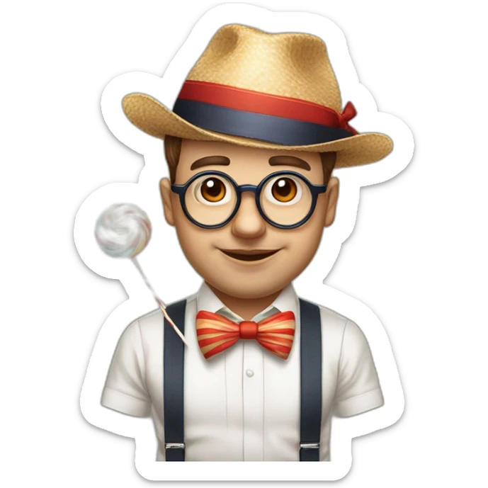 ugly big round frame glasses buckteeth week chin bowtie striped shirt suspenders holding a big lolipop with bad posture and a propeller hat portfolio manager sticker