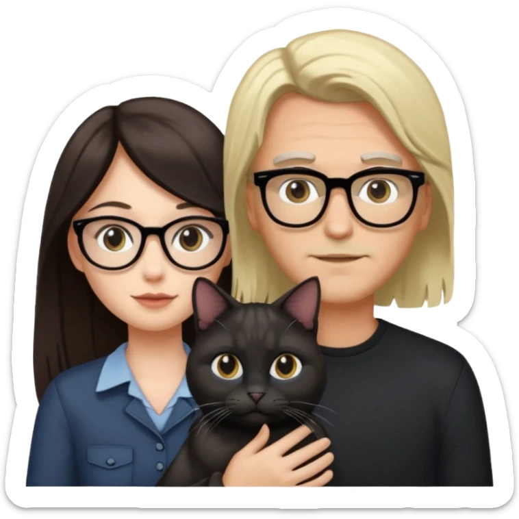 White girl with long dark brown hair and man with blonde hair and glasses. Holding one black cat and one grey cat sticker