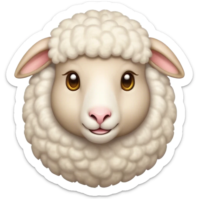 Cinematic Cute Sheep Portrait Emoji, Head tilted playfully and inquisitively, featuring a fluffy, pristine white fleece with soft, perky ears, round, sparkling gentle eyes filled with curiosity, Simplified yet irresistibly adorable features, highly detailed, glowing with a warm, friendly glow, high shine, affectionate and mellow, stylized with a touch of pastoral whimsy, bright and endearing, soft glowing outline, capturing the essence of a mischievous yet loving sheep, so playful it feels like it could graze out of the screen and into your arms! sticker