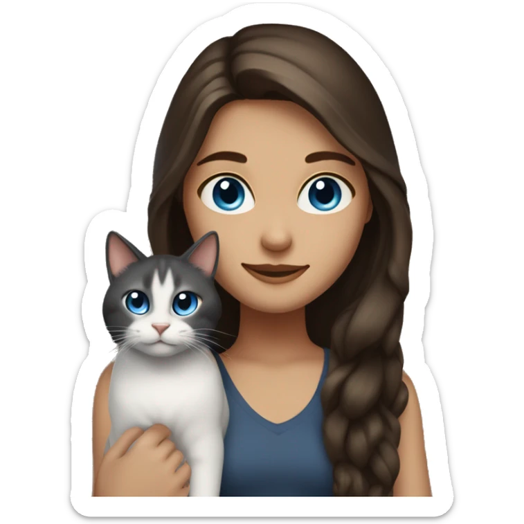 Brunette Girl with Long hair, Blue eyes and cuddeling a Brown-black-white Cat  sticker