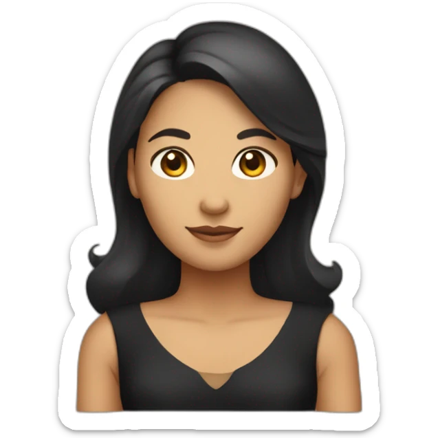 I am a woman who wears a sleeveless A-line black dress. I have dark brown, straight wavy hair covering the dress, an oval face, and tan skin. I am of Indonesian descent sticker