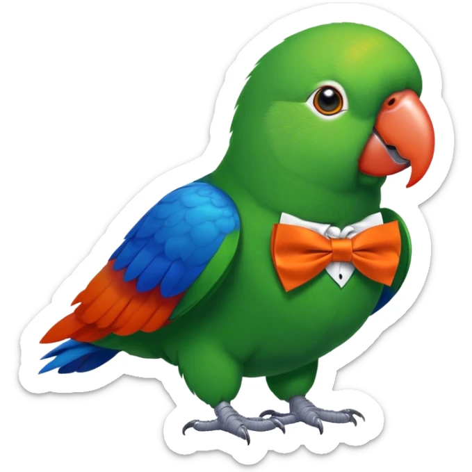 Give me an emoji, a green bird with an orange beach and red+blue under the wings. Make this bird a male eclectus parrot, give him a spiffy little orange bowtie sticker
