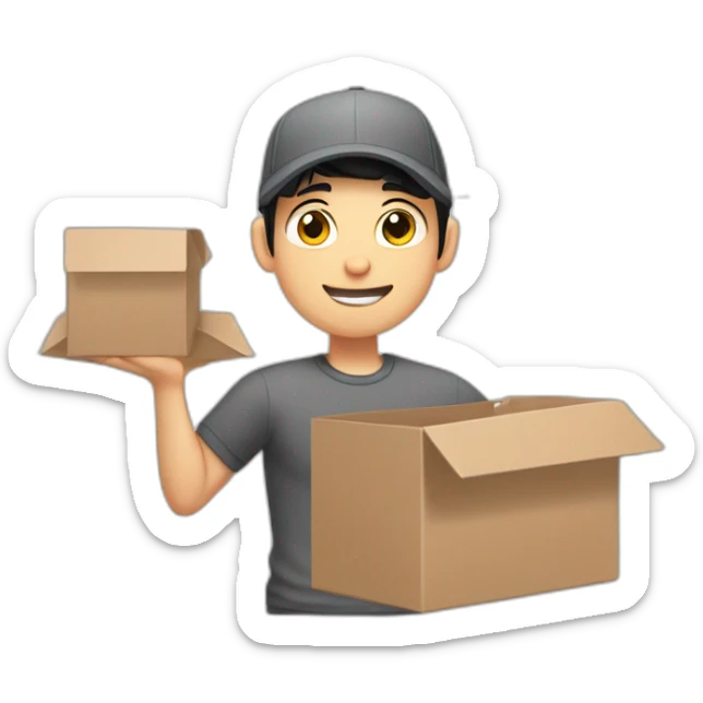 Pale skinned fit Man with black hair in a gray cap and dark gray polo T-shirt keeping a pasted box into his hands sticker