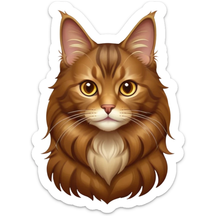 cinematic-brown-maine-coon-cat-portrait-emoji,-elegant-and-alert,-sleek-brown-and-gold-tones-with-hints-of-deep-auburn,-simplified-yet-sharp-features,-highly-detailed,-glowing-with-a-warm,-confident-glow,-high-shine sticker