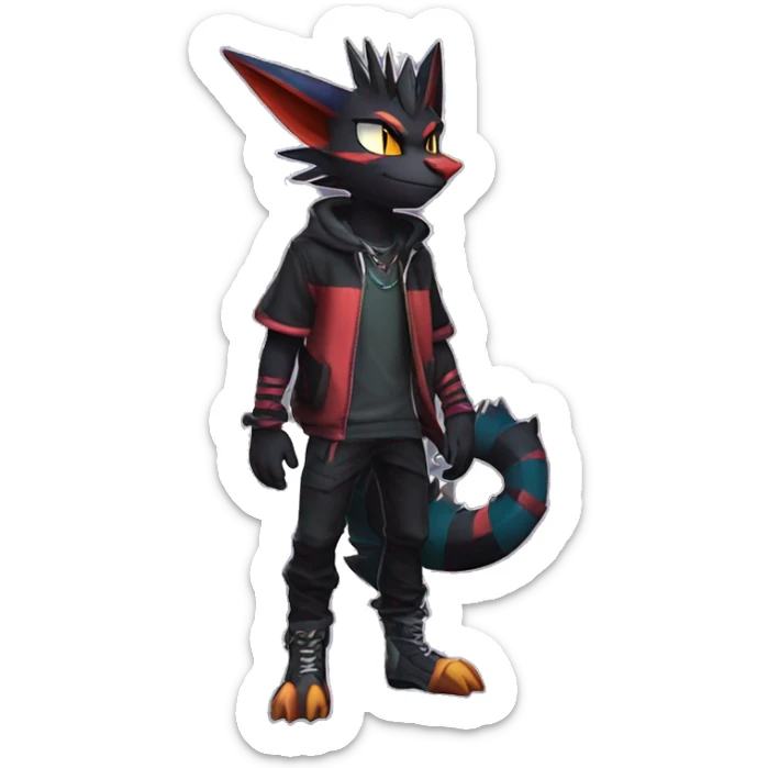 Cool Anthro Black Noivern-Nargacuga-Litten-Pokémon with edgy stripes hoodie spiked collar punk Full Body sticker