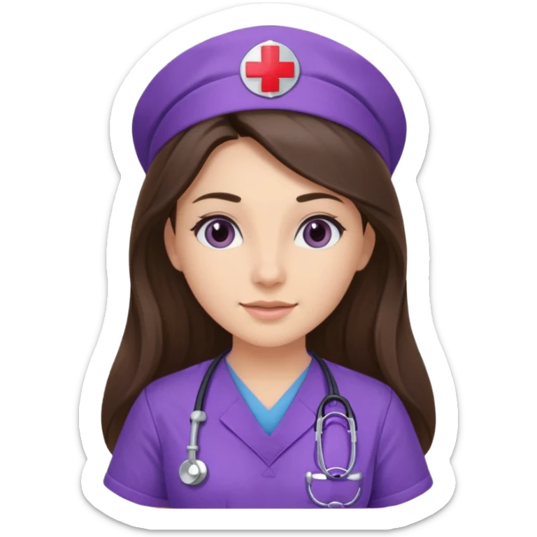 pretty brunette nurse with long hair in purple scrubs sticker