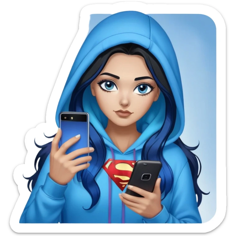 Female-Very tall-very very very large chest-texting on a samsung cell phone-very long straight black to sky blue hair ombre-blue eyes-black eyeliner-long eyelashes-hoodie with glitter superman logo-leggings-lippierced sticker