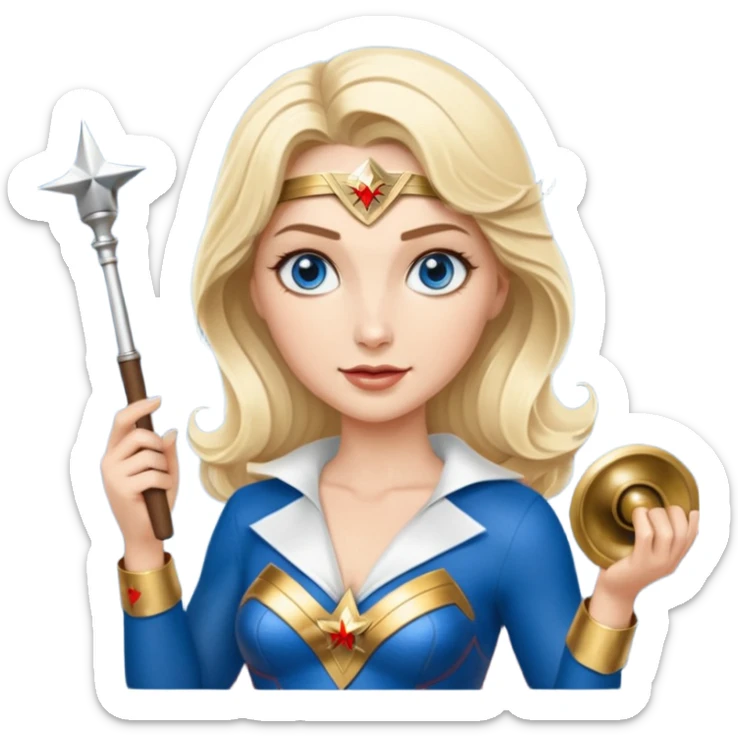 Blonde blue eyes Wonder Woman holding bell and short white orchestra conductor’s baton  sticker