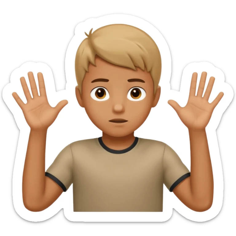 A boy shrugging his shoulder with his hands up with the numbers 6 and 7 on his shoulders sticker