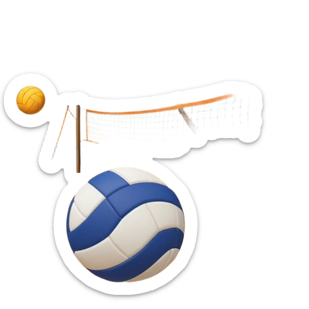 The scene captures an orange sand, sunny sea beach with clear blue sea and sky, palm trees swaying. A volleyball resting on the orange sand ground of a beach, with a volleyball net in the background.  sticker