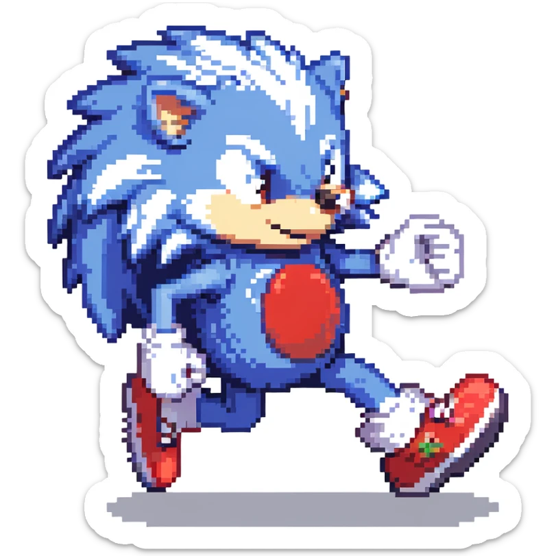 blue hedgehog with red shoes and white gloves, mid-run in a colorful Green Hill Zone with golden rings and motion lines, confident expression sticker