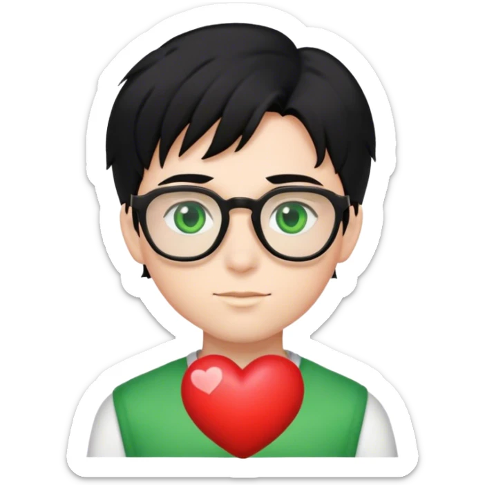 boy with black hair green eyes and glasses with a love heart  sticker