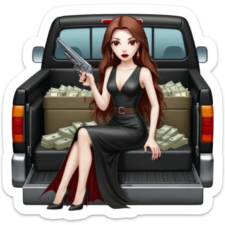 Lilith symbol red eye seductress evil long brown haired sexy succubus woman with leather long dress with slit on, sitting in Big Large F350 pickup truck. Back seat full of stacks of cash, she is  Holding a human skull of her enemies and a gun in other hand sticker
