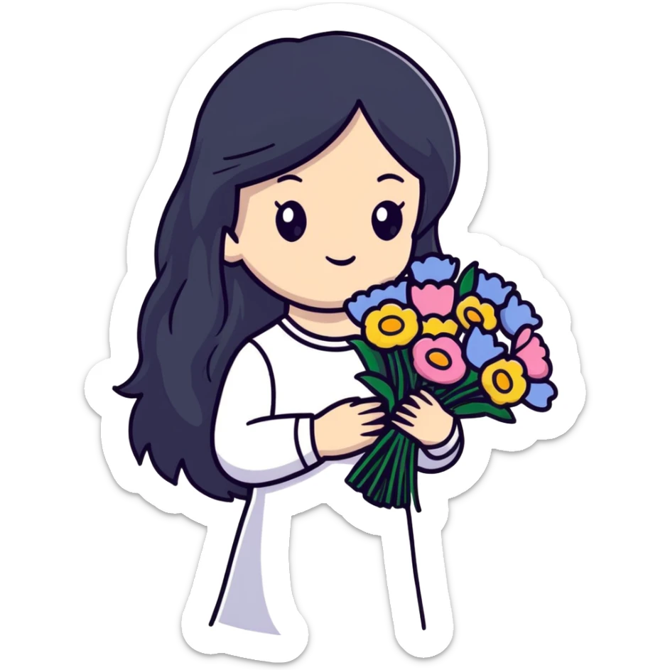 Beautiful girl with long black hair holding a bouquet of flowers sticker