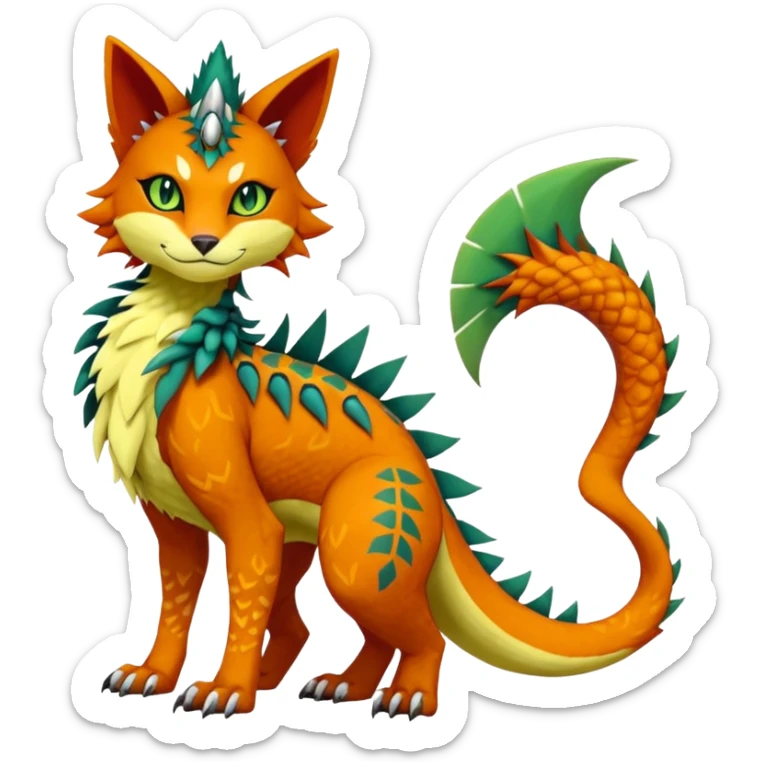 Kawaii cute reddish orangish yellowish greenish exotic tribal beautiful pretty elegant divine edgy feline-vernid-sergal-Fakémon-Pokémon-Digimon-fursona-animal-creature with accessories, jewelries, full body, with intricate detailed markings, furs, fins, scales, spiny sticker