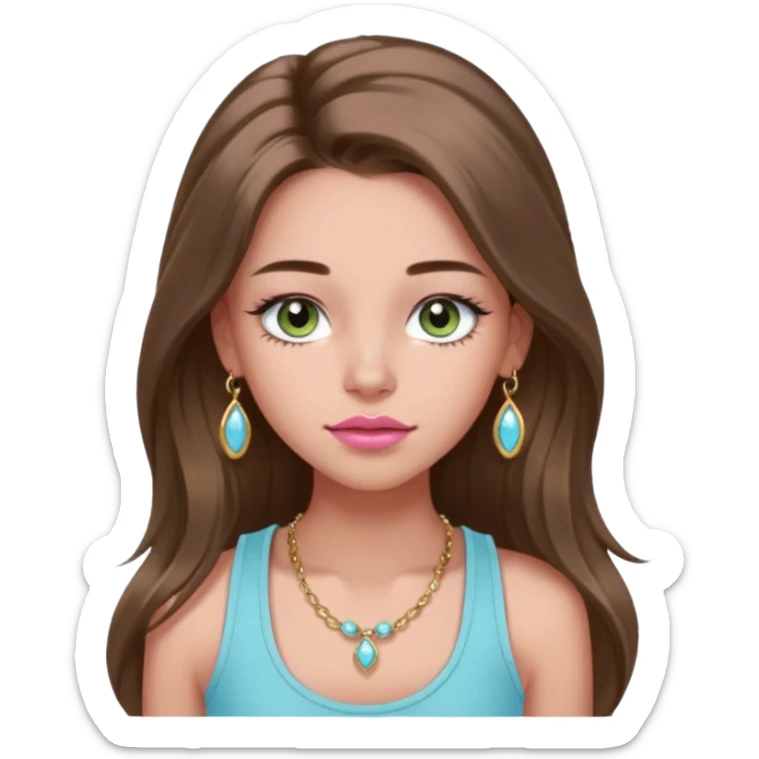 Create a teen girl wearing a light blue tank top. She will have long brunette hair, tan skin, pink lips, and grey-green eyes. She has long eyelashes. She also has light freckles and is wearing tiny gold jewelry sticker