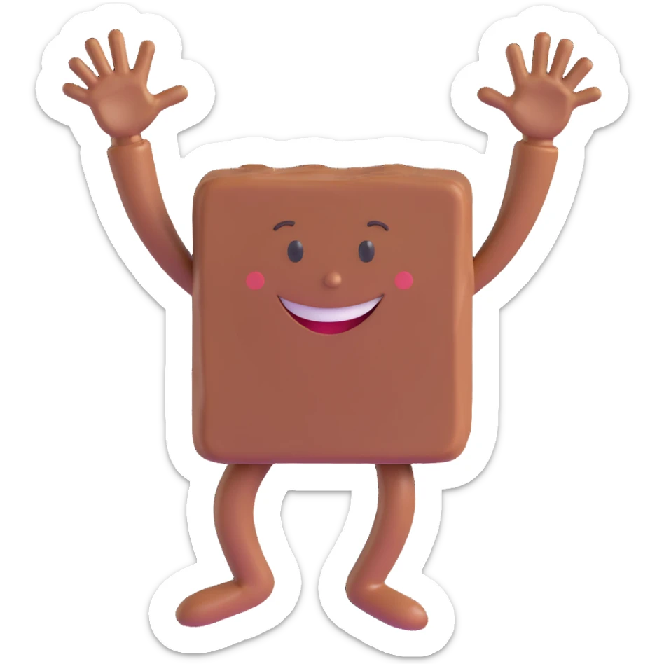 a piece of brown fudge smiling, with arms and legs, playful sticker