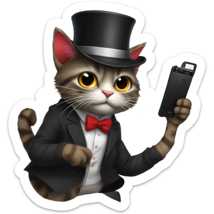 Cat with a top hat wearing a suit and tie and black ripped jeans with a fluffy tail and sharp claws and fingerless gloves while holding a red phone sticker