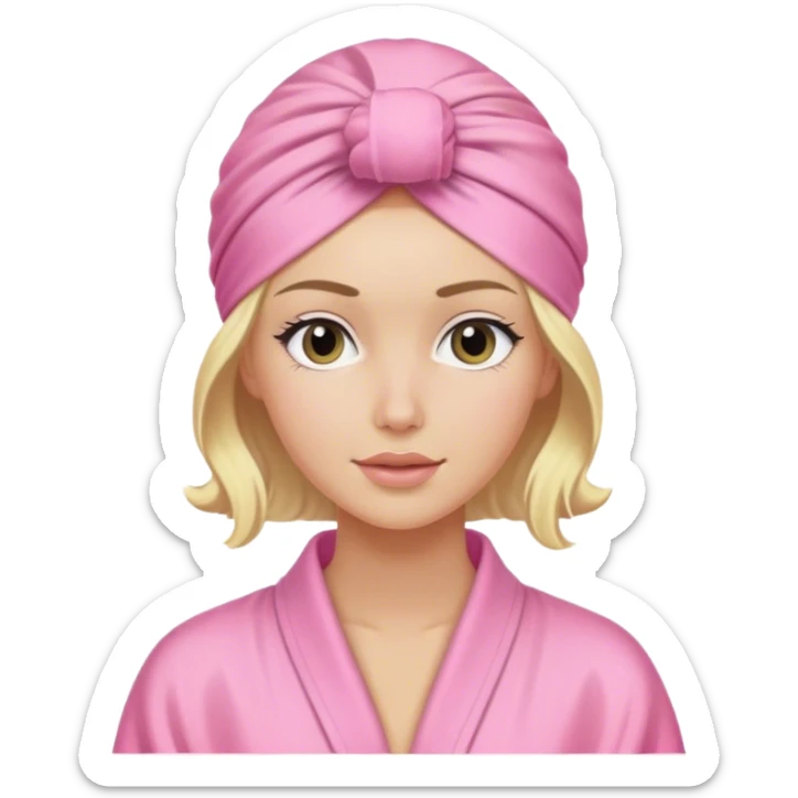 Blonde model wearing a pink robe and shower hair turban, self-care sticker