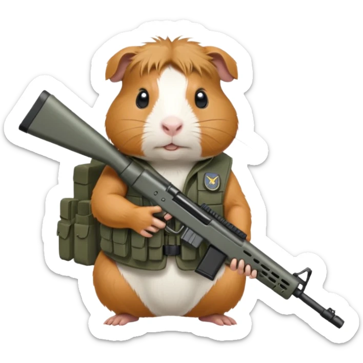 guinea pig with a tactical military vest holding a rifle in chest no hat sticker