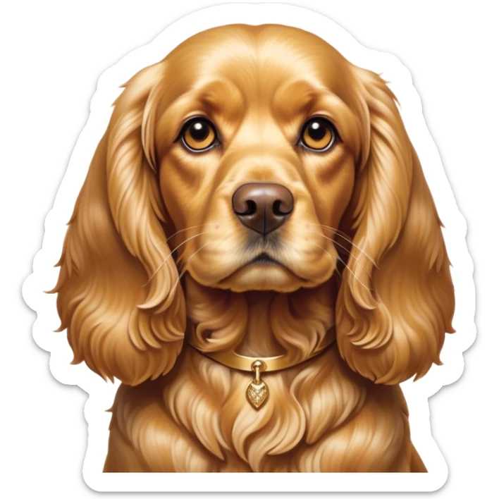 Cinematic Noble Gold Cocker Spaniel Portrait Emoji, Poised and regal, with a medium build and a lustrous, well-groomed golden coat, deep-set soulful brown eyes, Simplified yet sharp and sophisticated features, highly detailed, glowing with a soft, dignified glow, high shine, intelligent and loyal, stylized with an air of elegance, focused and attentive, soft glowing outline, capturing the essence of a watchful and confident companion, so majestic it feels as though it could trot out of the screen with effortless authority! sticker