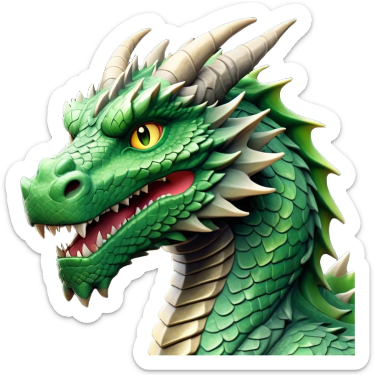 Cinematic Noble Giant Green scaled Dragon Portrait Emoji, Poised and awe-inspiring, with a massive, rugged form carved from ancient stone, featuring intricately textured scales that resemble weathered granite and basalt, and piercing, stony eyes echoing the strength of timeless mountains; rendered with lifelike detail and earthy natural highlights, high shine, formidable and grounded, styled with an aura of primordial majesty, focused and resolute, soft glowing outline, capturing the essence of an enduring rock titan ready to surge from the screen with ageless power! sticker