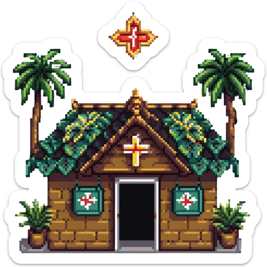 Thai hospital with traditional ornate roof, medical symbol, tropical plants sticker