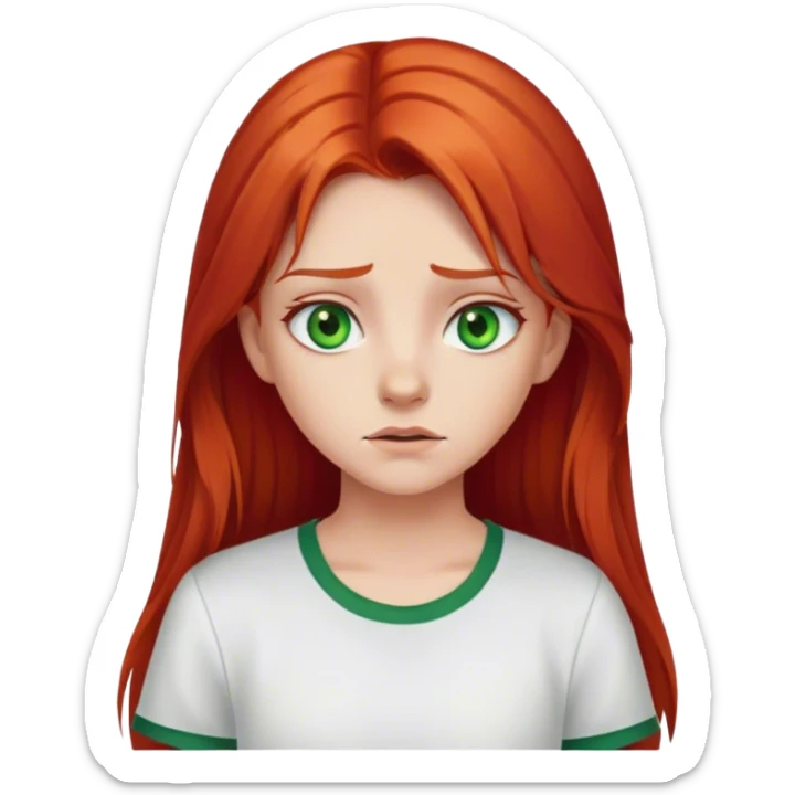 Girl cringe expression with middle part long red hair and green eyes white shirt sticker