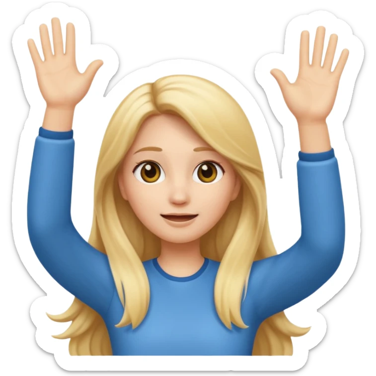 I want a white female animated gif emoji with long blonde hair putting hands up in the air sticker