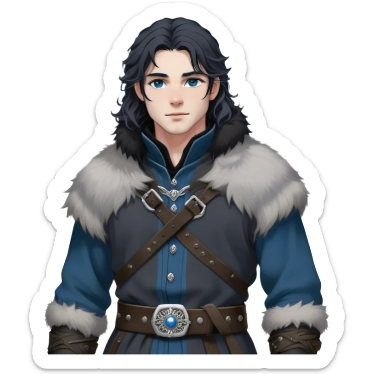 Medieval winter outfit worn by a DnD themed fantasy male character. Heavy charcoal gray wool tunic with black wolf fur lining, embellished with etched silver buttons and a sturdy leather belt with decorative metalwork. Clothes only above the waist, full waist coverage. The character has no arms. Character is white-skinned with jet black hair, steel blue eyes, and shoulder-length wavy hair with snow-kissed strands. sticker