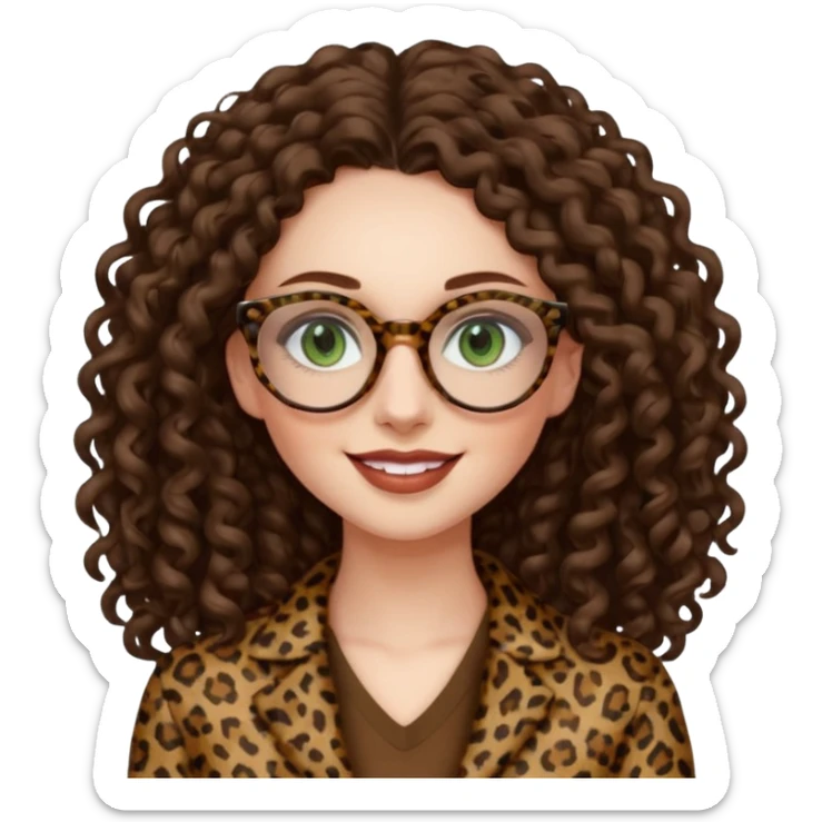 a green eyed woman with very very long brunette curly hair, full lips,and pale skin. She is wearing a leopard printed thin round-ish glasses . She is wearing fully brown clothes. She is gretting smiling sticker