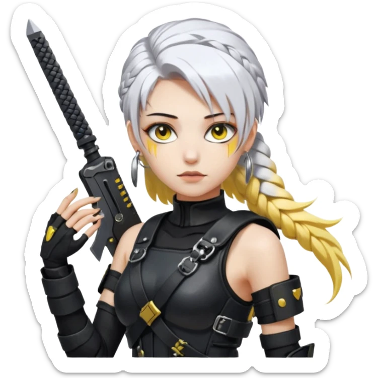  a closeup portrait of young woman with gold yellow eyes, white hair, long braid, black off-shoulder top d-cup, punk gothic style, futuristic cyberwave cyberpunk,  she has a plate carrier armor vest , and a old-style steel bulletproof combat helmet.  holding up a DAYZ combat knife sticker