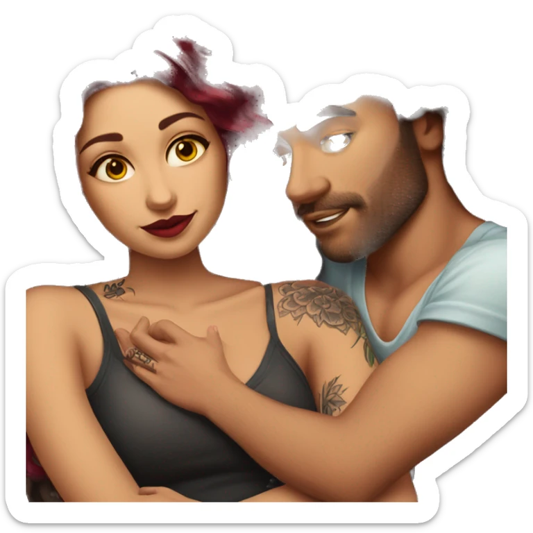 Beautiful tattooed burgundy long haired woman laying on the boyfriends chest sticker