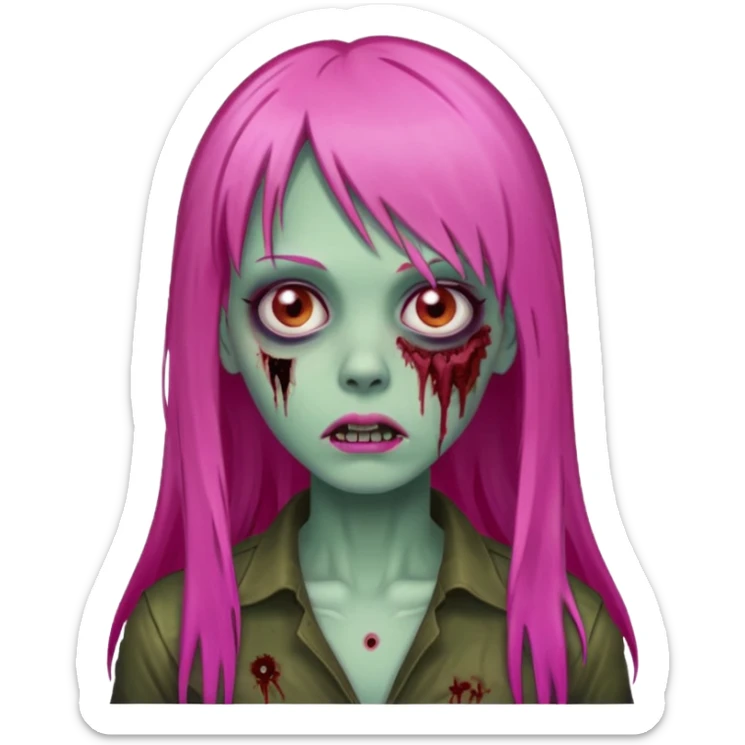 Create a female zombie emoji with long, straight hair in hot pink and bangs. sticker
