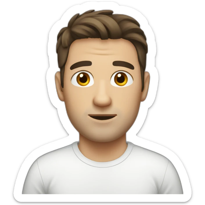 shaved white man with messy mid long dark brown hair, with a t-shirt sticker