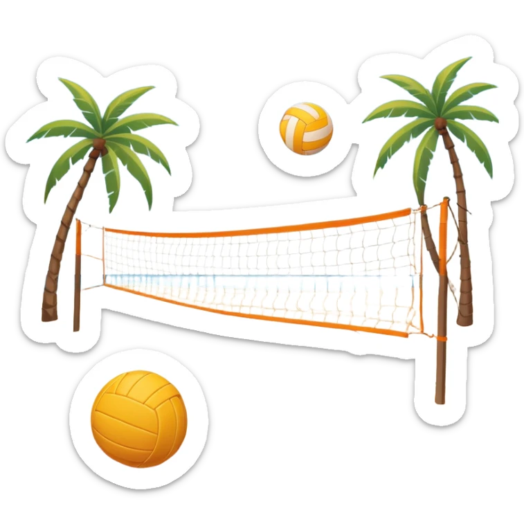 A volleyball resting on the orange sand ground of a beach, with a volleyball net in the background. The scene captures a sunny beach atmosphere with clear blue sea and sky, palm trees swaying, and people in swimsuits enjoying the vibrant surroundings sticker