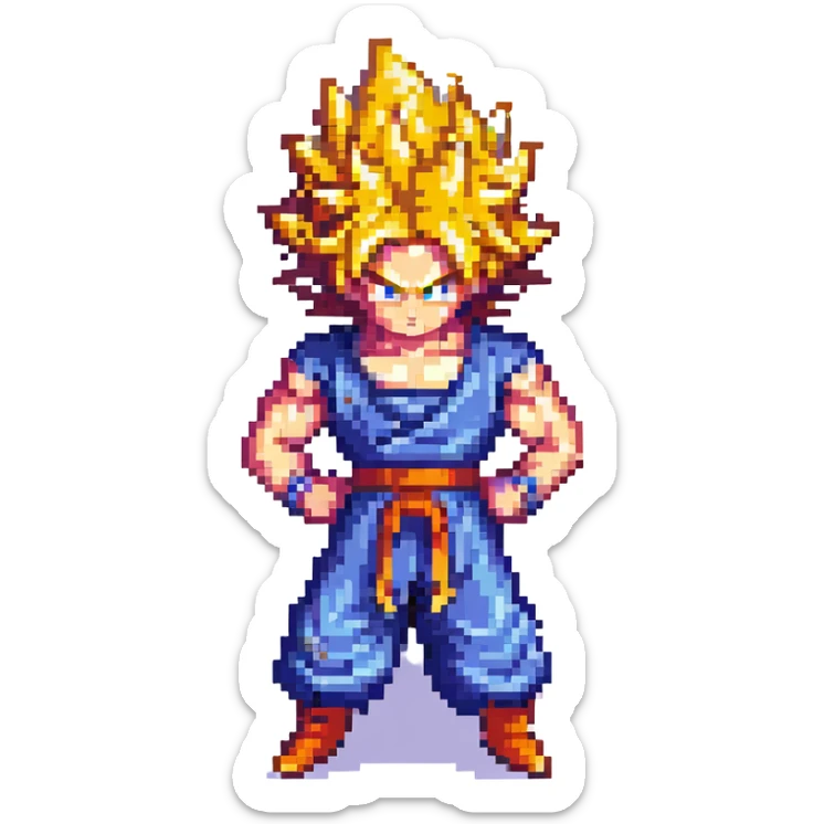 Goku Super Saiyan, golden spiky hair, fierce expression, battle stance, pixel art style sticker