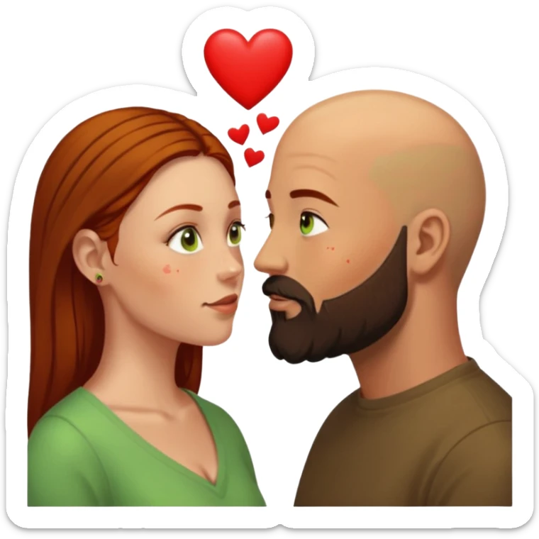 Couple. Bald man with dark brown-black beard. Woman with freckles, white skin and she has auburn-yellow-brown-hair. She has light yellow-green-brown eyes. He have hazel eyes. They look at each other. Many small red hearts around them. sticker