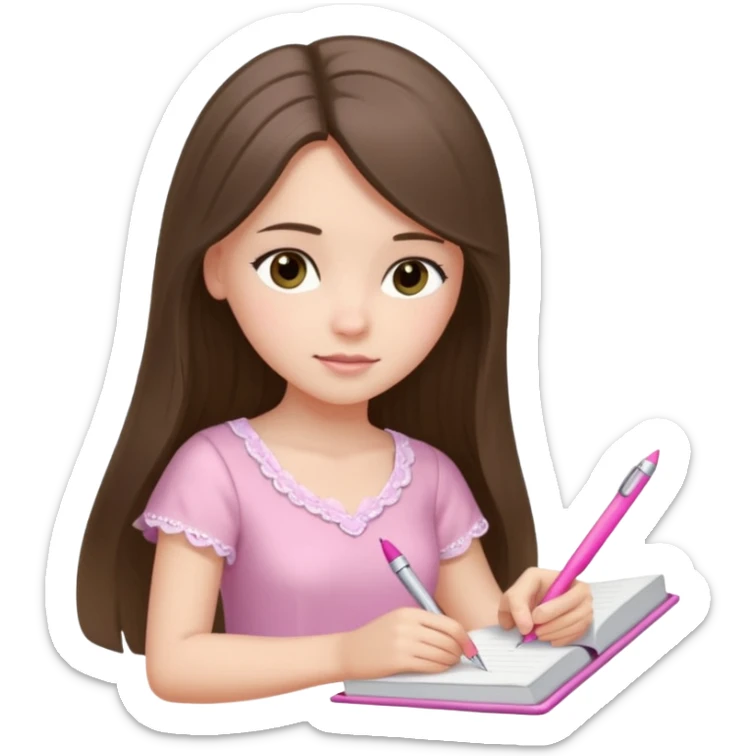 pretty white brunette teen long hair with hazel eyes in a light pink dress writing in a notebook with a pink pen sticker