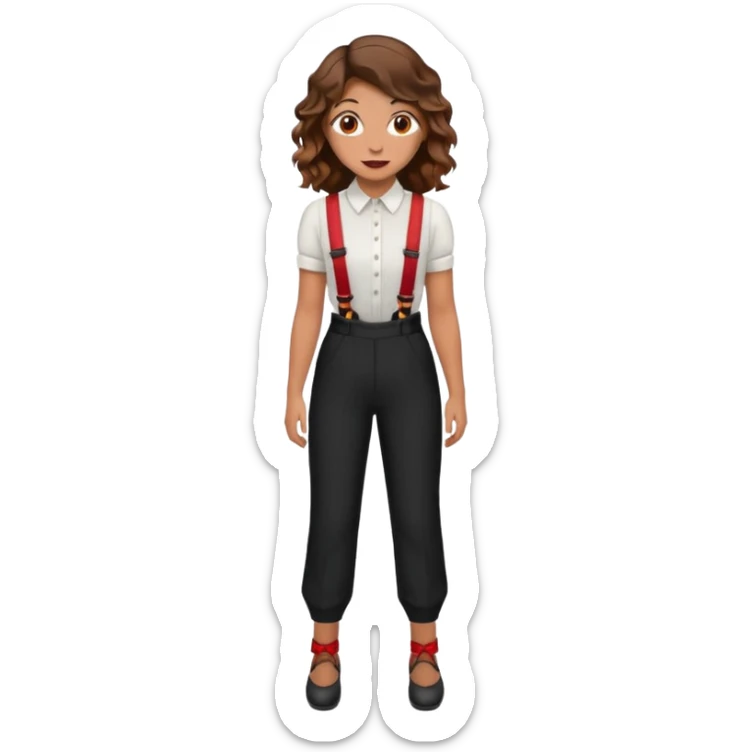 Woman with wavy brown hair and hazel eyes wearing black dress pants with red suspenders sticker