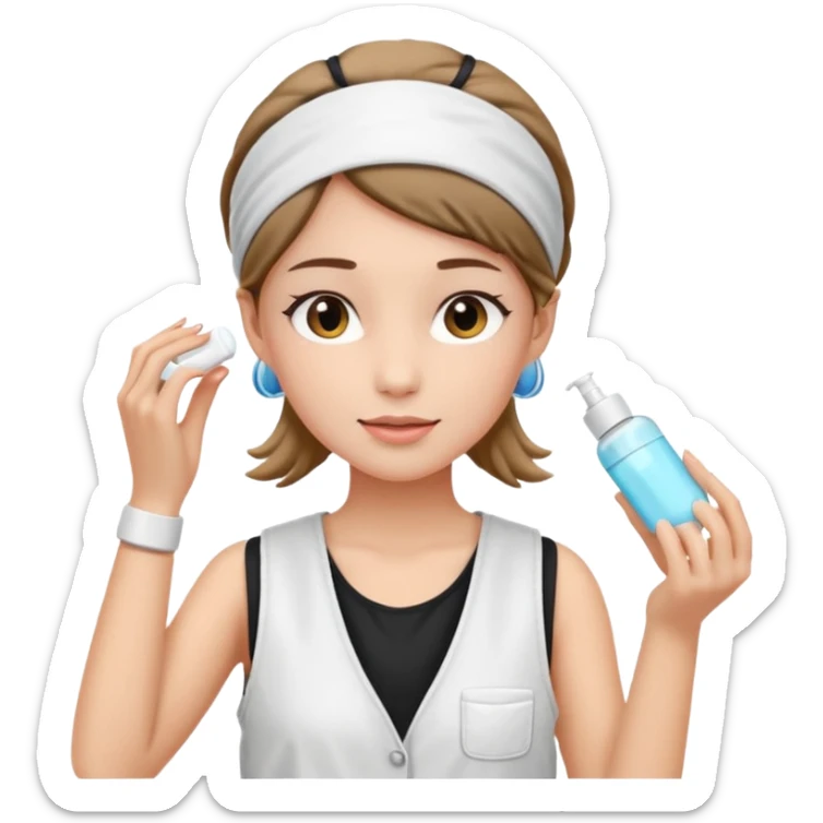 Clean girl aesthetic emoticons, apply skincare products, headband, glowing skin, white vest, soft lighting sticker