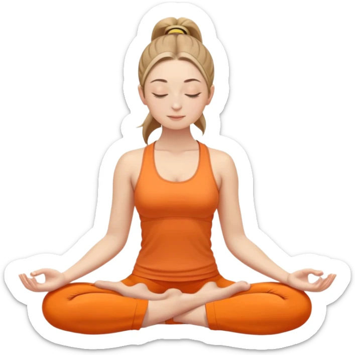 caucasian woman with ponytail in lotus position meditating, eyes closed with a slight smile, peaceful expression, orange yoga clothes sticker