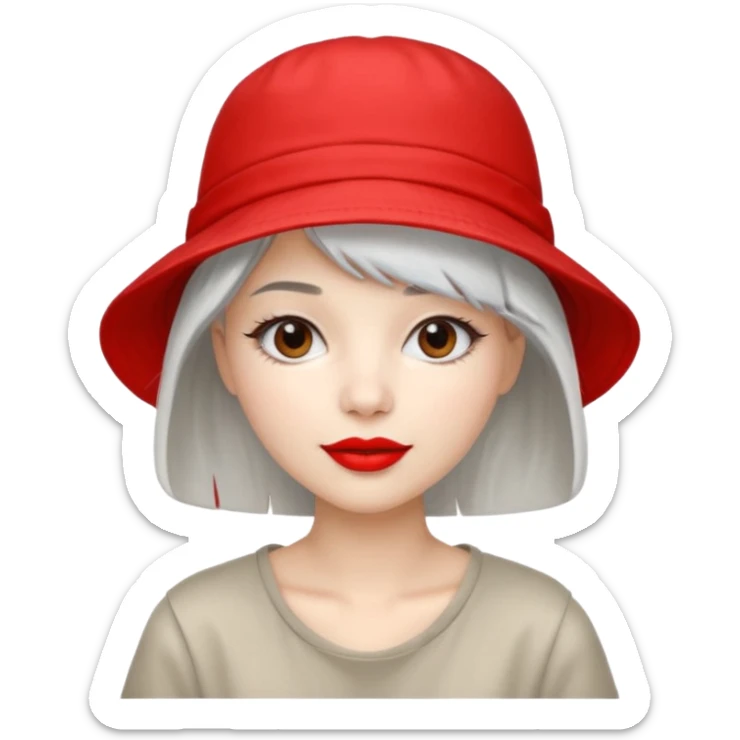 young fashionable woman, straight silver hair, wearing a bucket hat and bold lipstick, cheerful look sticker